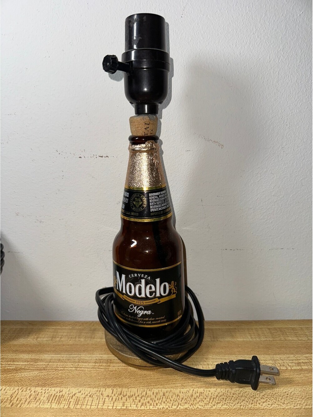 Vintage Handmade Working Modelo Beer Bottle Lamp Wooden Base